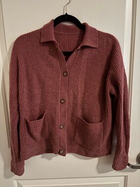 Women's Rose Pink Button-Up Knit Cardigan Sweater, 100% Cashmere